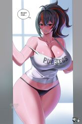 1girls black_hair black_hair_female breasts cleavage half-dressed huge_breasts jadenkaiba no_pants panties red_highlights solo_female underwear zenless_zone_zero zhu_yuan