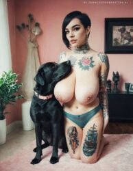 1dog 1girl ai_generated alternative_hairstyle big_breasts big_tiddy_goth_gf black_hair bob_cut canine curvy curvy_body curvy_female curvy_figure earrings film_grain goth goth_girl huge_breasts johncooperbeast3dx natural_breasts pale-skinned_female pale_skin realistic small_dog suicide_girls tattoo tattoo_on_arm tattoo_on_chest tattoo_on_legs tattoo_on_thigh tattoos zoophilia