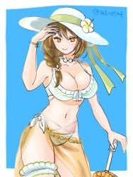 1girls armpits bare_arms bare_midriff bare_shoulders bare_thighs bikini blue_background braid breasts brown_hair cleavage collarbone female female_only fire_emblem fire_emblem_engage fire_emblem_heroes flower goldmary_(fire_emblem) goldmary_(summer)_(fire_emblem) hat hat_flower large_ass large_breasts long_hair looking_at_viewer midriff more_at_source navel necklace nintendo parasol sarong see-through shoulders side_ponytail smile solo sun_hat swimsuit thighs umbrella white_bikini white_swimsuit yellow_eyes yellow_sarong zel_0921