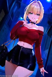 1girls ai_generated bare_legs bare_shoulders bare_thighs big_breasts blonde_hair bons_ai clothed clothing color cropped_sweater fate_(series) female female_focus female_only green_eyes hi_res large_breasts light-skinned_female light_skin looking_at_viewer nero_claudius_(fate) short_hair solo solo_female sweater tagme thick_thighs