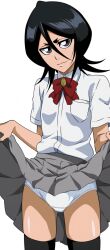 1girls ai_generated black_hair bleach female_only kuchiki_rukia lifted_by_self panties school_uniform skirt skirt_lift smile thighhighs thighs underwear white_panties