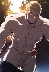 1male abs ai_generated balls bara biceps big_balls big_penis blonde_hair blush cum delicious_in_dungeon dungeon_meshi erection kangmzze laios_touden male male_nipples male_only muscular_male nipples nude pecs penis testicles yellow_eyes