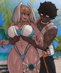 1boy 1girls beach bikini blonde_hair blue_eyes breast_grab brown_hair choker core_crystal dark-skinned_male dark_skin eunie_(xenoblade) female glasses head_wings large_breasts male muscular muscular_female muscular_male ocean shosho_oekaki sky sweat swimsuit taion_(xenoblade) water xenoblade_(series) xenoblade_chronicles_3