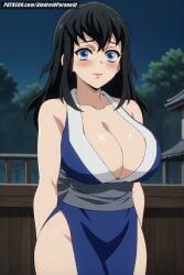 ai_generated aindroidparanoid bare_shoulders big_breasts black_hair blue_eyes blue_hair blush breasts cleavage curvy curvy_figure demon_slayer gigantic_breasts hips huge_breasts inminent_sex japanese_clothes japanese_clothing kimetsu_no_yaiba large_breasts massive_breasts narrow_waist nervous night outdoors short_hair stable_diffusion suma_(kimetsu_no_yaiba) sweat sweatdrop voluptuous voluptuous_female wavy_hair wide_hips