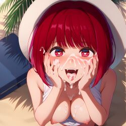 after_fellatio ai_generated arima_kana beach cum_in_mouth cum_on_face dress ex_ex heart-shaped_pupils looking_at_viewer oshi_no_ko outdoors