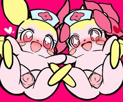 anthro blush cervix cocotama duo eyelashes female hat heart himitsu_no_cocotama hotney_(cocotama) kemonagari looking_at_viewer mostly_nude nurse_hat open_mouth pink_background pink_eyes presenting presenting_pussy pussy simple_background source_request spread_legs spread_pussy spreading tongue