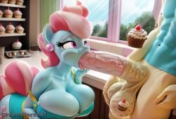 3d ai_generated anthro big_ass big_balls big_breasts big_butt big_penis blowjob carrot_cake_(mlp) cheek_bulge creamhorseai cup_cake_(mlp) fellatio hi_res highres horse_girl horsecock huge_balls huge_breasts huge_cock my_little_pony penis penis_awe