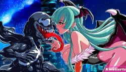 capcom crossover darkstalkers demon demon_girl eastern_and_western_character kwaiiarts large_breasts long_tongue marvel marvel_comics marvel_vs._capcom morrigan_aensland spider-man_(series) succubus succubus_wings symbiote venom venom_(marvel)