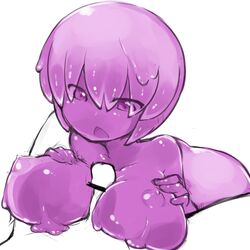 breasts censored female fukurou_(owl222) goo_girl lying monster_girl on_stomach original paizuri penis pov purple_eyes short_hair simple_background slime_girl white_background