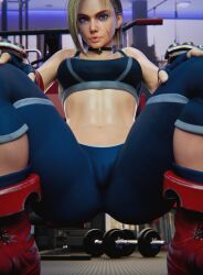 1girls 3d blender_(software) blonde_hair blue_eyes boots cameltoe cammy_white cammy_white_(street_fighter_6) female female_only fully_clothed gym leggings muscles null_renders solo squatting street_fighter street_fighter_6 tight_clothing