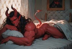 ai_generated demon devilworship horns large_penis male male_only muscular on_bed red_body red_skin