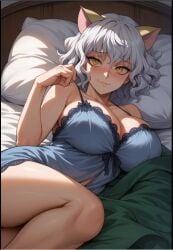 , 1girls ai_generated bed blanket female female_focus female_only hunter_x_hunter neferpitou solo solo_focus white_hair