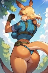 1girls ai_generated anthro anthro_only ass basketmuffin big_ass big_breasts breasts cleavage female female_only furry furry_only gloves kangaroo original outdoors outside solo solo_female thick_thighs wide_hips