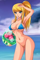 alien arm_up armpits baby_(metroid) bikini blonde_hair blue_eyes bottomless breasts cameltoe cleavage curvy erect_nipples eyes female female_only highres human long_hair metroid metroid_(creature) navel nintendo ocean ponytail pussy samus_aran sigurdhosenfeld solo string_bikini swimsuit tied_hair toned water