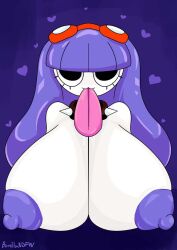 banillansfw big_breasts eyewear eyewear_on_head heart hearts_around_head long_hair looking_at_viewer purple_hair purple_nipples spiked_collar spikes sticking_out_tongue tagme tongue tongue_out white_body white_skin