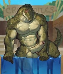 abs anthro balls bara bara_tits barazoku biceps claws crocodile crocodilian crocodylid deaddragonp erection fat_muscles foreskin genitals green_body green_scales hi_res humanoid_genitalia humanoid_penis male multicolored_body multicolored_scales muscular muscular_anthro muscular_male nude partially_submerged penis reptile scales scalie scar solo tail teeth two_tone_body two_tone_scales