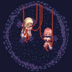 2girls anal blonde_hair breasts captured captured_heroine closed_eyes clothing defeated defeated_heroine double_penetration eaten_then_fucked female flesh_wall inside_creature long_hair milking open_mouth oral panties panties_aside penetration pixel_art ragnarok_online rape red_tentacles restrained rodotgif spread_legs suspension tentacle triple_penetration vaginal_penetration vore white_panties