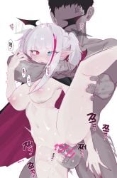 artist_name bar_censor big_breasts breasts cloak eonsang fingernails girls'_frontline grey_hair heterochromia leg_glider_position long_fingernails mdr_(girls'_frontline) one_leg_up simple_background two_tone_hair unseen_male_face vaginal_insertion vaginal_penetration vampire vampire_girl white_background wings_on_head