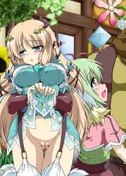 amber_(rune_factory) artist_request blonde_hair blue_eyes blush green_hair margarete_(rune_factory) panties pussy rune_factory rune_factory_4 tagme unseen_male_face