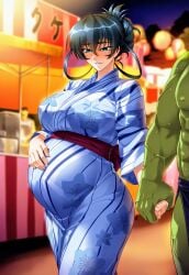 ai_generated bloated_belly female gigantic_breasts holding_hands igawa_asagi interspecies kimono orc orc_male pregnant pregnant_female sssin2160 summer_festival sweat taimanin_(series) taimanin_asagi taimanin_asagi_battle_arena taimanin_rpgx yukata