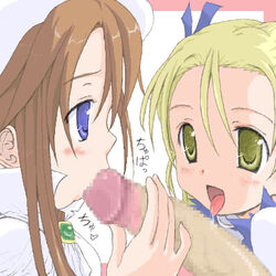 aliese aty beret blonde_hair blue_eyes blush brown_hair cape censored collaborative_fellatio fellatio group_sex hat long_hair lowres multiple_fellatio oekaki oral penis saliva sex summon_night summon_night_3 teamwork threesome tongue yellow_eyes