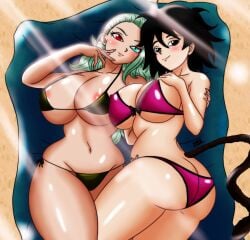 beach_towel big_ass big_breasts bikini bikini_bottom bikini_top cerealian cerealian_girl dragon_ball dragon_ball_super flamemasterz gine muezli pressed_together saiyan saiyan_girl saiyan_tail yuri