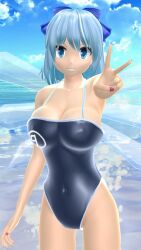 1girls 2024 3d big_breasts bow bowtie cirno cloudscape fairy female_only grown_up hati_yukkuri_mmd light-skinned_female light_blue_hair looking_at_viewer mmd peace_sign sea sky_background smiling_at_viewer swimsuit touhou water wings