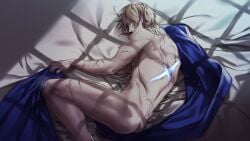 1boy abs ass back bare_shoulders blonde_hair blue_cape body_markings cape completely_nude curled_fingers dimitri_alexandre_blaiddyd dimples_of_venus feet_out_of_frame fire_emblem fire_emblem:_three_houses hair_between_eyes hand_in_clothes hand_on_own_shoulder highres kkuonn19 looking_at_viewer lying male male_only multiple_scars muscular muscular_male nintendo nude nude_male on_bed on_side scar scar_on_arm scar_on_back scar_on_leg scars_all_over solo topless_male window_shadow