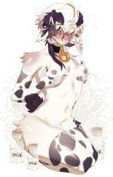 animal_print anthro bell bell_collar blush bodily_fluids bottle breast_milking breasts collar container cow_print cow_print_thigh_highs digital_media_(artwork) ear_piercing femboy fur genitals hair hand_on_breast hi_res jewelry lactating looking_at_viewer male milk milk_bottle milk_container nipple_piercing nipples oatmealkasha penis piercing simple_background small_breasts solo tail white_background white_body