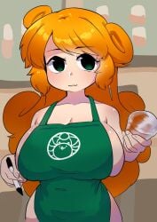 1girls apron big_breasts big_butt breasts cute cute_face cute_smile doctor_kimochi dr.kimochi green_eyes happy holding_cup holding_pen kai_(battle_cats) large_breasts long_hair looking_at_viewer no_bra no_panties orange_hair smile solo the_battle_cats white_skin