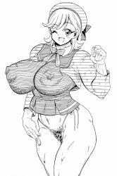 big_breasts big_nipples bimbo bottomless breasts character_request gigantic_breasts happy hat hokuto_(artist) hokuto_(pixiv) hokuto_(tokuho) huge_breasts huge_nipples impossible_clothes impossible_clothing impossible_shirt large_breasts large_nipples looking_at_viewer monochrome nipple_bulge nipples nipples_visible_through_clothing panties school_girl school_uniform schoolgirl tagme thong tight tight_clothes tight_clothing tight_shirt