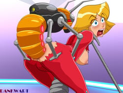 1girls anal anal_object_insertion anal_sex asphyxiation backside blonde_hair blue_eyes blush bondage clothing clover_(totally_spies) crying dankwart defeated female forced insect insectoid jumpsuit medium_breasts nipples open_mouth rape robot robotic rope short_hair sideboob standing strangling tears torn_clothes totally_spies what zoophilia