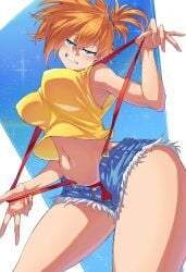 armpits ass asymmetrical_hair blue_eyes blush breasts clenched_teeth creatures_(company) cutoffs denim denim_shorts female female_focus game_freak gen_1_pokemon green_eyes grin gym_leader hair_between_eyes kasumi_(pokemon) large_breasts legs looking_at_viewer midriff navel nintendo open_fly orange_hair pokemon pokemon_(anime) pokemon_(classic_anime) pokemon_rgby ponytail shimure_(460) shiny_skin shirt short_hair short_shorts shorts side_ponytail sleeveless sleeveless_shirt smile solo suspenders suzusiigasuki tank_top teeth thick_thighs thighs underboob underwear yellow_shirt yellow_tank_top