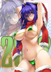 2012 armpits arms_up bikini blue_eyes blush braid breasts christmas cleavage erect_nipples female fur_trim green_bikini hair_intakes hat highleg highleg_swimsuit kanon large_breasts long_hair milf minase_akiko mitarashi_kousei navel purple_hair red_legwear santa_hat scarf smile solo string_bikini swimsuit thighhighs zoom_layer