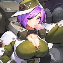 a-1_bloody_panther big_breasts blue_eyes bubble_blowing bubble_gum cap chewing_gum cleavage coat color female female_focus female_only game_cg green_cap kakiman last_origin looking_at_viewer machinery peaked_cap power_suit purple_hair short_hair unzipped