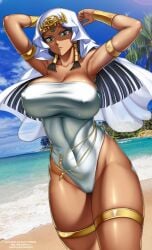 armpits arms_up big_breasts black_hair blue_eyes breasts cleavage dark-skinned_female dark_skin female female_only huge_breasts isis_ishtar jewelry long_hair looking_at_viewer nipples_visible_through_clothing one-piece_swimsuit solo_focus thick_thighs thighs type-dog uncensored veil wide_hips yu-gi-oh! yu-gi-oh!_duel_monsters