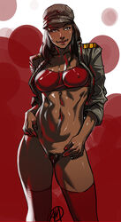 blush bottomless bra brown_eyes brown_hair command_and_conquer dark-skinned_female dark_skin female ganassa hat jacket long_hair military_uniform navel open_clothes pubic_hair pussy red_alert_(video_games) red_alert_3 red_bra red_legwear solo thighhighs uniform vera_belova