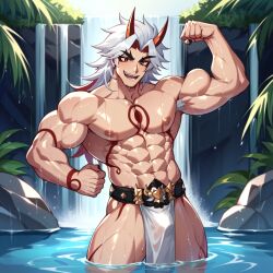 ai_generated arataki_itto bara gay genshin_impact loincloth male male_only muscular pecs posing semi_nude waterfall