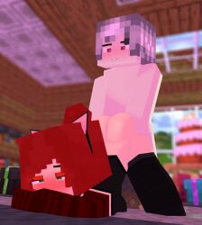 1boy 1girls 3d alyx_(mineporncraft) animated black_shirt blocky_body gif gloves gray_hair green_eyes jack-o_pose mine-imator mine_imator minecraft mineporncraft red_eyes red_hair sex stockings