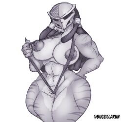 1girls alien alien_girl alien_humanoid big_breasts breasts bugzilla busty female_yautja mask masked masked_female monochrome nipples predator_(franchise) puffy_nipples thick_thighs yautja