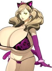 1girls ann_takamaki bikini blonde_hair cameltoe cat_ears cat_tail edit female gibberish_(artist) gigantic_breasts huge_breasts light_skin persona persona_5 screenshot_edit third-party_edit yellow_eyes