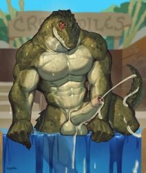 abs anthro balls bara bara_tits barazoku biceps bodily_fluids claws crocodile crocodilian crocodylid cum deaddragonp ejaculation erection fat_muscles genital_fluids genitals green_body green_scales hands-free hi_res humanoid_genitalia humanoid_penis male multicolored_body multicolored_scales muscular muscular_anthro muscular_male nude partially_submerged penis reptile scales scalie scar solo tail teeth two_tone_body two_tone_scales