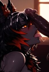 1boy 1girls ai_generated animal_ears animal_humanoid black_body black_hair black_skin blush cum cum_on_face cum_on_hair cumming dark_skin duo fellatio female gradient_hair hellhound_(monster_girl_encyclopedia) humanoid inferior_version lips male monster_girl monster_girl_(genre) monster_girl_encyclopedia oral oral_sex penis penis_on_face penis_on_head red_eyes red_hair tongue tongue_out white_sclera