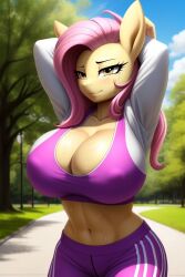 1girls ai_generated anthro big_breasts breasts crop_top dracovik equestria_girls female fluttershy_(eg) fluttershy_(mlp) frosting.ai furry furry_female furry_only huge_breasts jogging jogging_outfit massive_breasts my_little_pony my_little_pony_friendship_is_magic outdoors pink_hair smirk smirking steaming_body steamy_breath sweat sweating sweaty thick_thighs