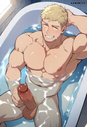 abs ai_generated balls bara biceps big_balls big_penis blonde_hair blush cum delicious_in_dungeon dungeon_meshi erection kangmzze laios_touden male male_nipples male_only male_pubic_hair masturbation muscular_male nipples nude pecs penis wet