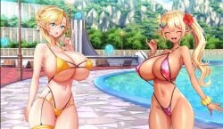 bikini blonde_hair huge_breasts milk_factory mother_and_daughter motto!_haramase!_honoo_no_oppai_isekai_oppai_maid_gakuen! motto!_haramase!_honoo_no_oppai_isekai_oppai_meido_gakuen! myunmyun_lafleur nunnun_lafleur pink_bikini pool smile tagme yellow_bikini