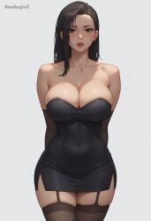 1girls ai_generated alternate_costume alternate_hairstyle artist_name bare_shoulders big_breasts black_clothing black_dress black_hair blush boku_no_hero_academia breasts brown_eyes cleavage clothed clothing dress elbow_gloves eyelashes female female_only garter_straps gloves hair_down hips hourglass_figure human iknowkungfu42 large_breasts light-skinned_female light_skin lips long_hair looking_at_viewer miniskirt momo_yaoyorozu my_hero_academia parted_lips red_lips red_lipstick short_skirt simple_background solo stockings straight_hair strapless thick_thighs thighhighs thighs white_background wide_hips zettai_ryouiki