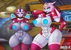 2girls abs arcee big_breasts blue_eyes blue_nipples blue_pussy blue_sclera breasts bugzilla busty caressing_breasts clitoris elita_one grey_skin hand_on_hip high_resolution highres looking_at_viewer nipples pink_lipstick puffy_nipples robot robot_girl robot_humanoid thick_thighs transformers wide_hips