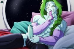 alien alien_humanoid armwear blue_body clothing dragon_ball dragon_ball_z elbow_gloves femboy genitals gloves green_hair hair handwear hi_res humanoid humanoid_genitalia humanoid_penis legwear long_hair long_tongue looking_at_viewer male male_focus male_only nipples not_furry penis prismanoodle_(artist) simple_background smile solo solo_male space thigh_highs thong tongue tongue_out underwear yellow_eyes zarbon