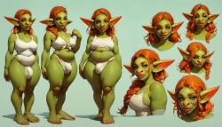 ai_generated barefoot belly blue_eyes braid braided_hair bulge character_sheet chubby freckles futanari goblin goblin_futanari goblinenthusiast green_skin highres pointy_ears red_hair self_upload shortstack thick_lips thick_thighs